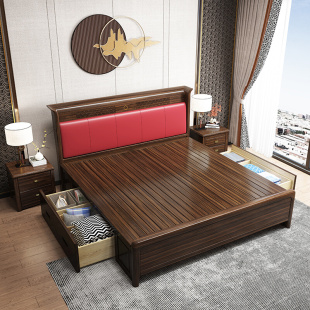 。新中式乌金木实木床主卧室双人床1.8米储物软包大床现代简约婚