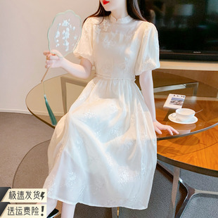 新中式改良旗袍连衣裙子2024夏季新款刺绣收腰显瘦小个子女春气质