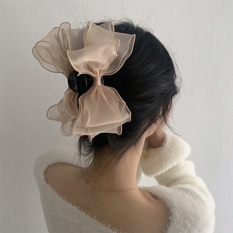 推荐Sweet Mesh Tulle Big Bow Hair Claw Clips for Women Whi K