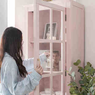 实木单门粉色书柜带门置物书架简约玻璃柜子 手办展示柜客厅高柜