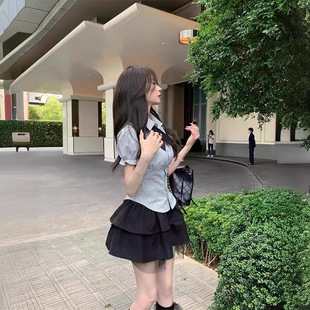 夏季日系JK制服短款衬衫小个子套装学院风短裙两件套半身裙裙子女