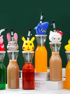 一次性卡通创意动物杯塑料杯子透明彩色饮料瓶果汁饮料奶茶吸管杯