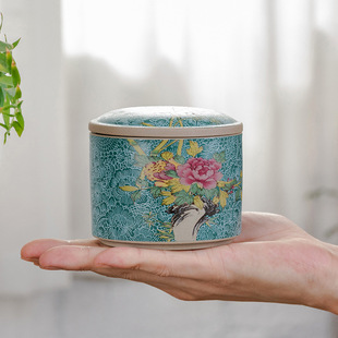 珐琅彩陶瓷茶叶罐粗陶密封罐便携式迷你茶叶罐礼盒容量80克可