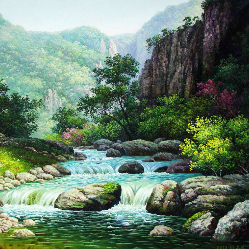 国龄《山中的溪流》布面油画朝鲜一级画家