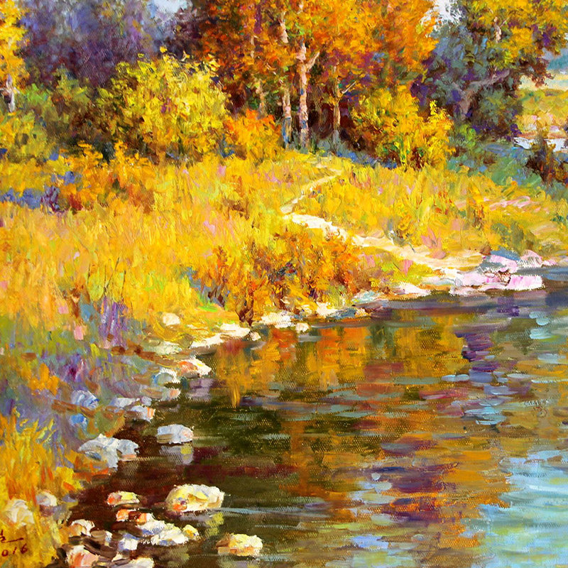 (朝鲜)韩于哲《湖面的秋天》平壤美术大学 小芃画廊