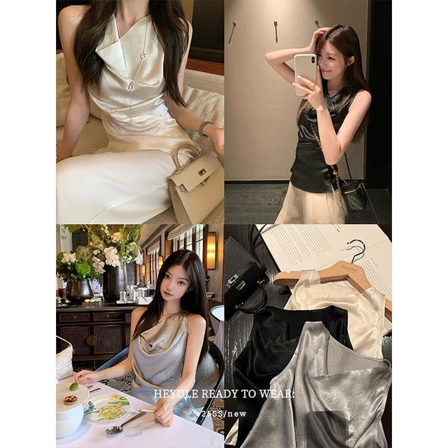 黑豆哼哼 柔光白茶*100醋酸皱感荡领背心女夏腰部捏褶无袖上衣