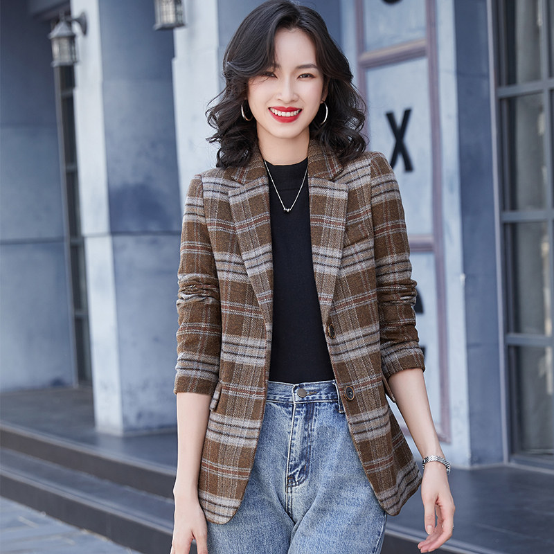 复古港风咖啡色格子西装外套女2021新款气质英伦风高端西服上衣秋