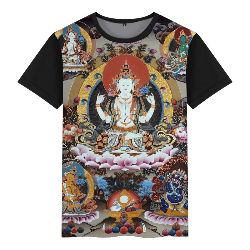 中国风男短袖t恤青年衣服佛像观音菩萨佛教唐卡禅意复古国潮上衣