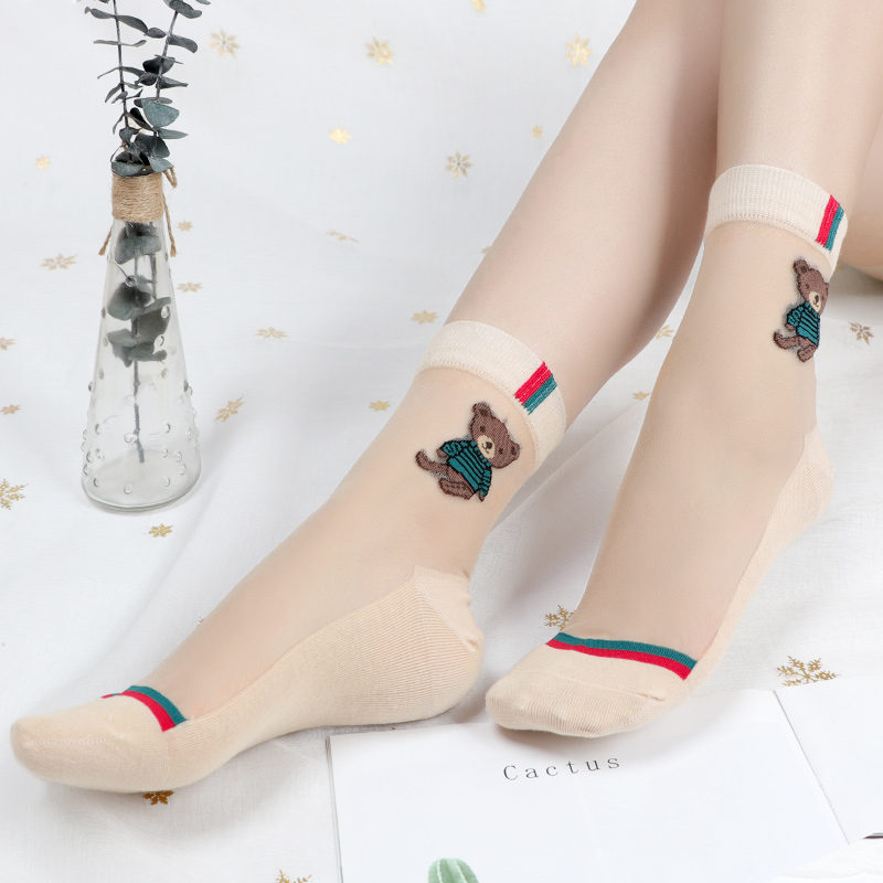 小熊丝袜韩国袜子女卡通透明水晶丝袜蚕丝中筒四季袜女可爱蕾丝短