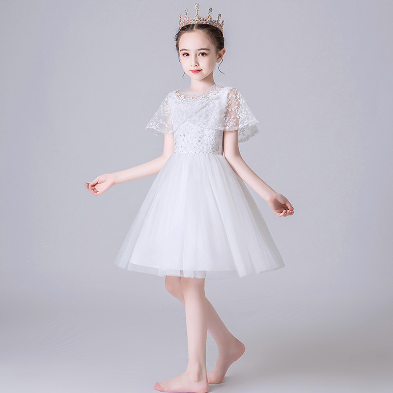 小花童礼服女秋冬2019新款女童白色公主裙儿童主持人小女孩蓬蓬纱