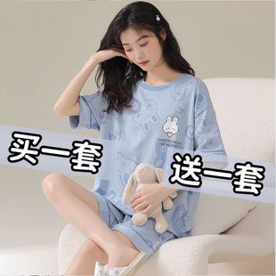 夏季薄款纯棉短袖短裤小个子睡衣女新款卡通休闲可外穿家居服套装