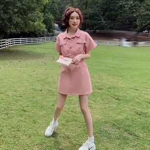 小个子裙粉色韩版连衣裙A字新款2024衬衫气质修身女可甜可盐夏季