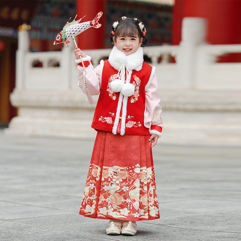 拜年服女童汉服马面裙加厚加绒唐装冬款小女孩襦裙中国风宝宝古装