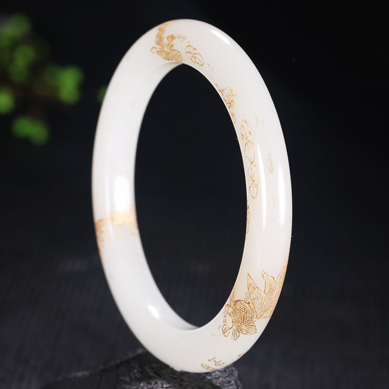【金玉满堂】和田玉白玉描金手镯 36.62克 内径55.8mm