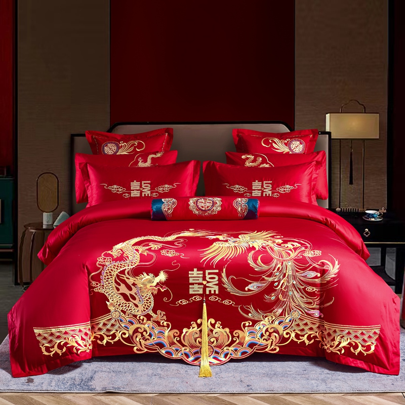 结婚四六件套床上用品纯棉龙凤喜字刺绣喜被婚庆中式全棉被套红色