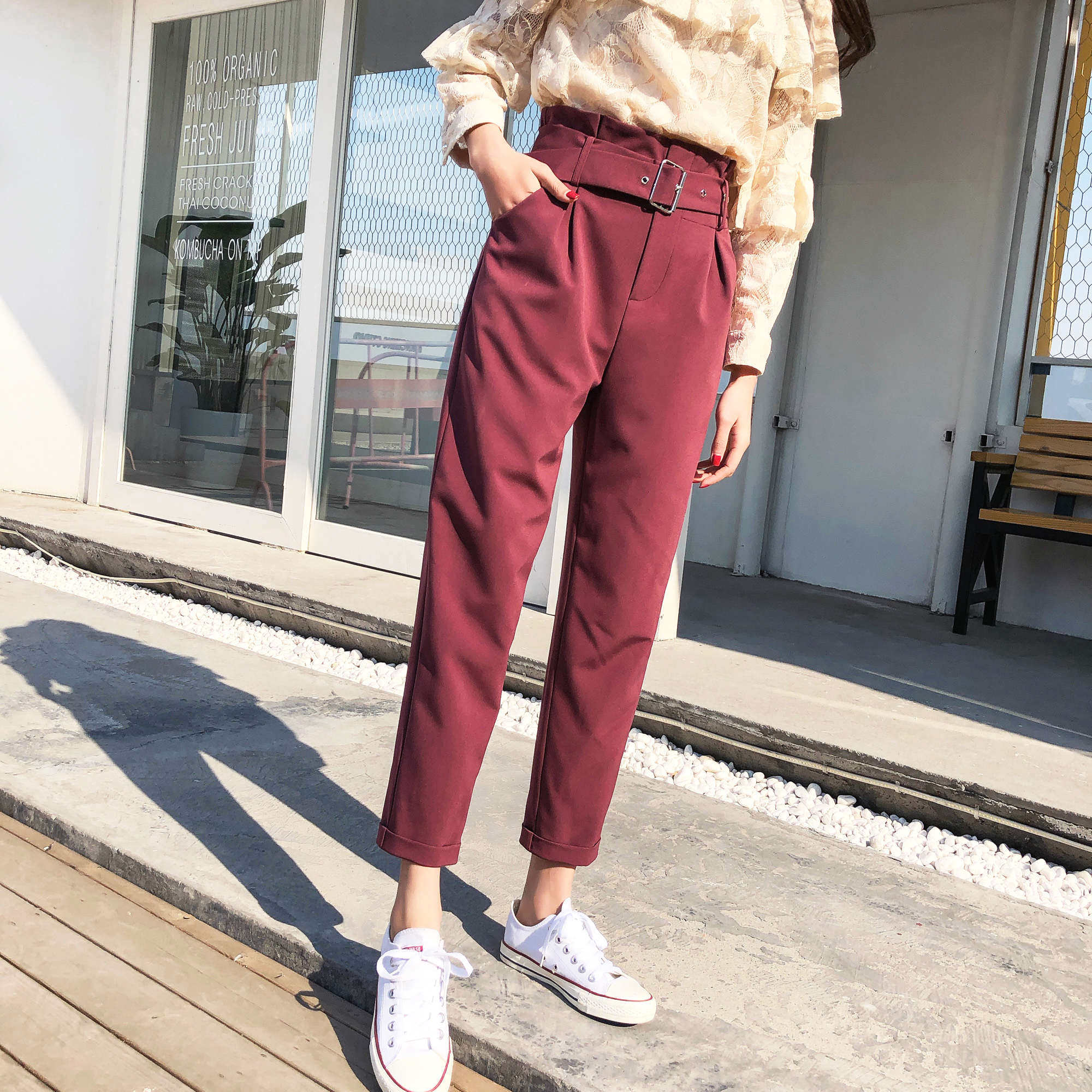 ins超火裤 红色九分休闲裤直筒女生裤韩版潮学生宽松百搭软妹裤子