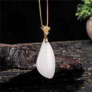 天然和田玉吊坠金镶玉项链吊坠白玉水滴型吊坠女款玉石项链包邮
