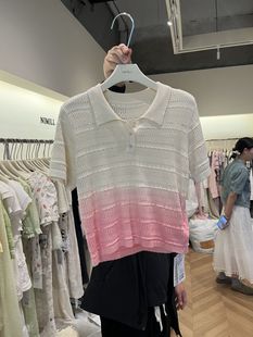 2024新款夏季美式复古设计感拼色Polo领上衣粉色针织短袖T恤女