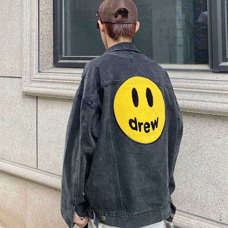 drew笑脸植绒刺绣牛仔夹克外套贾斯汀比伯同款高街fog开衫上衣潮