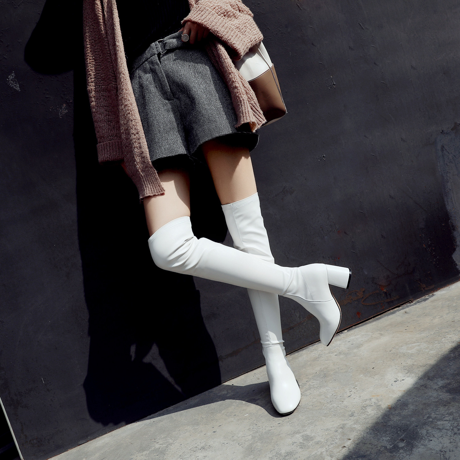 真皮_欧洲站秋冬高跟过膝长靴女粗跟方头瘦腿长筒弹力靴女白色真皮女