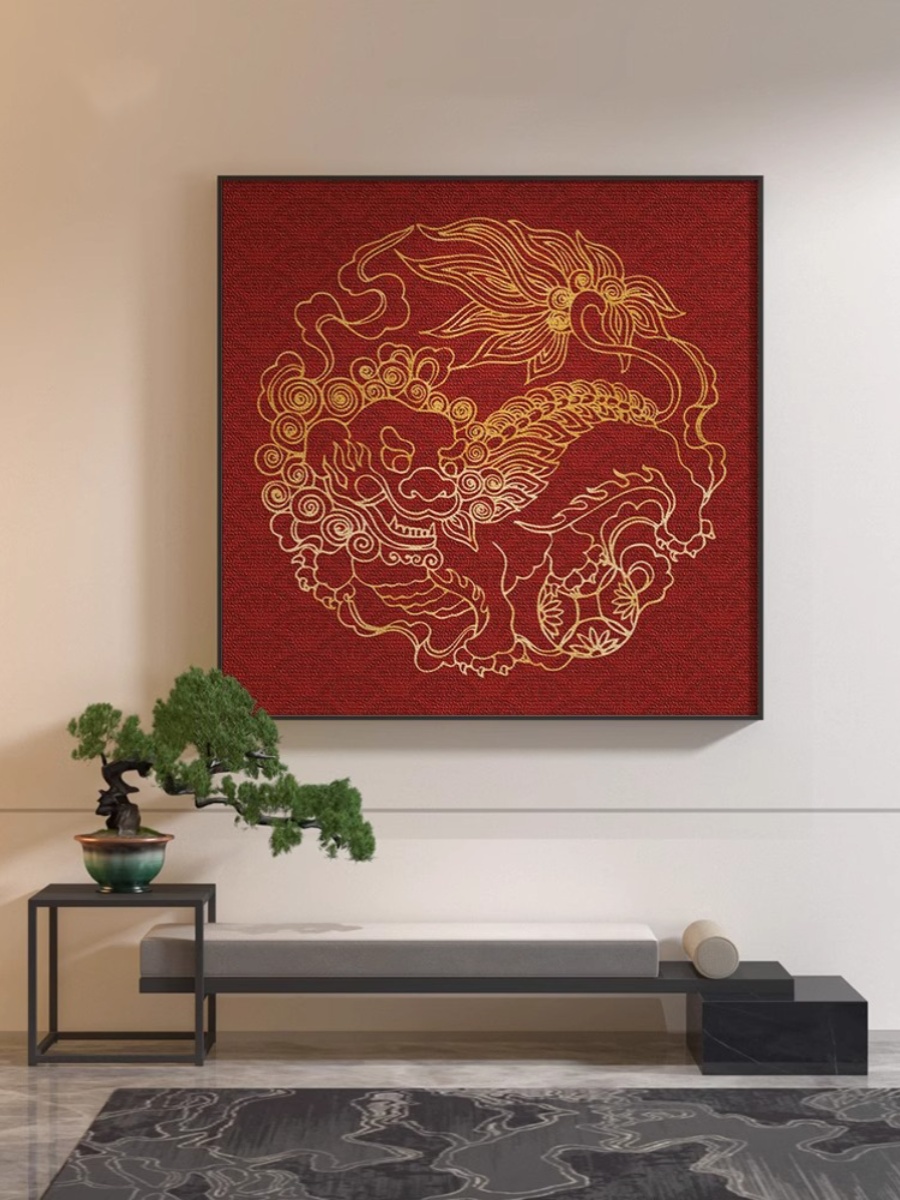 新中式红色抽象中国风麒麟画卧室玄关客厅装饰画餐厅壁画新春挂画