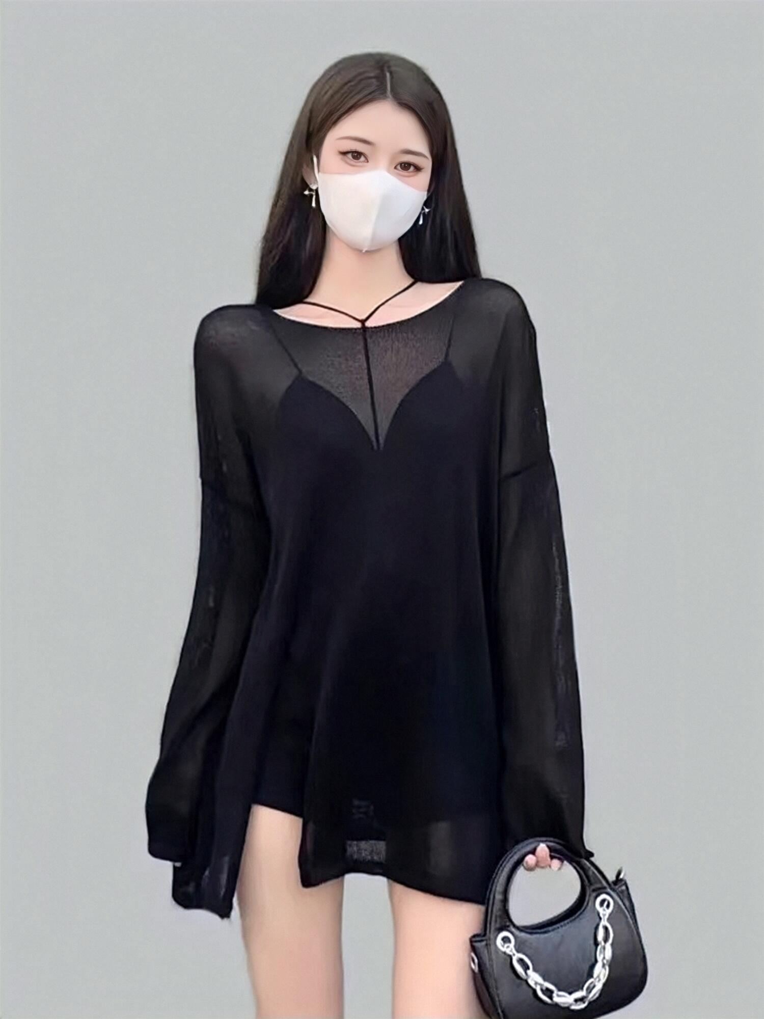 微透视薄款黑色开叉防晒罩衫衣服女2022夏宽松中长款圆领长袖上衣