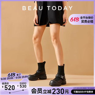 BeauToday连袜乐福鞋女厚底2024夏季新款靴弹力袜靴复古玛丽珍鞋