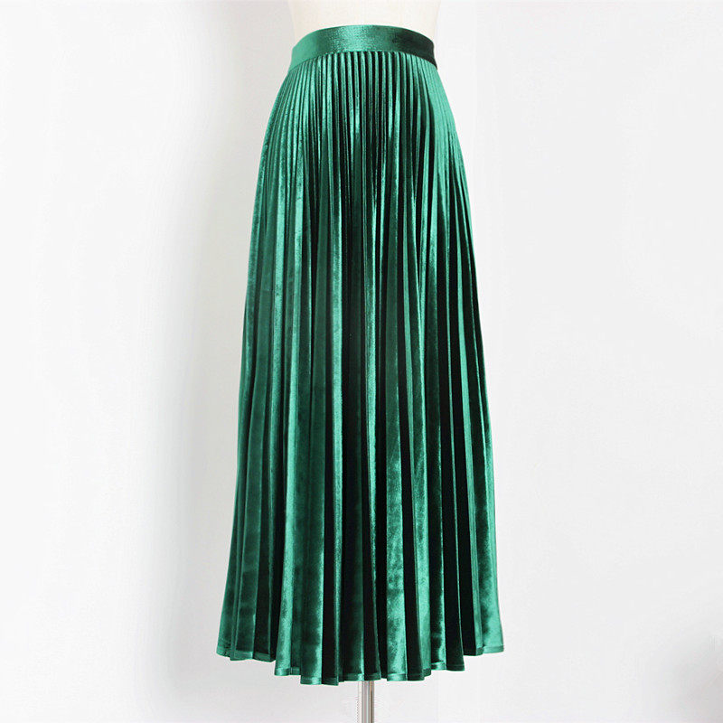 韩国秋冬加厚金丝绒半身裙复古气质压褶裙高腰显瘦中长款百褶裙女