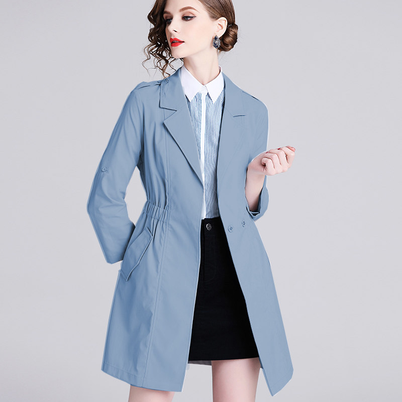 2022年春季新款蓝色松紧腰通勤百搭修身显瘦收腰中短款风衣外套女