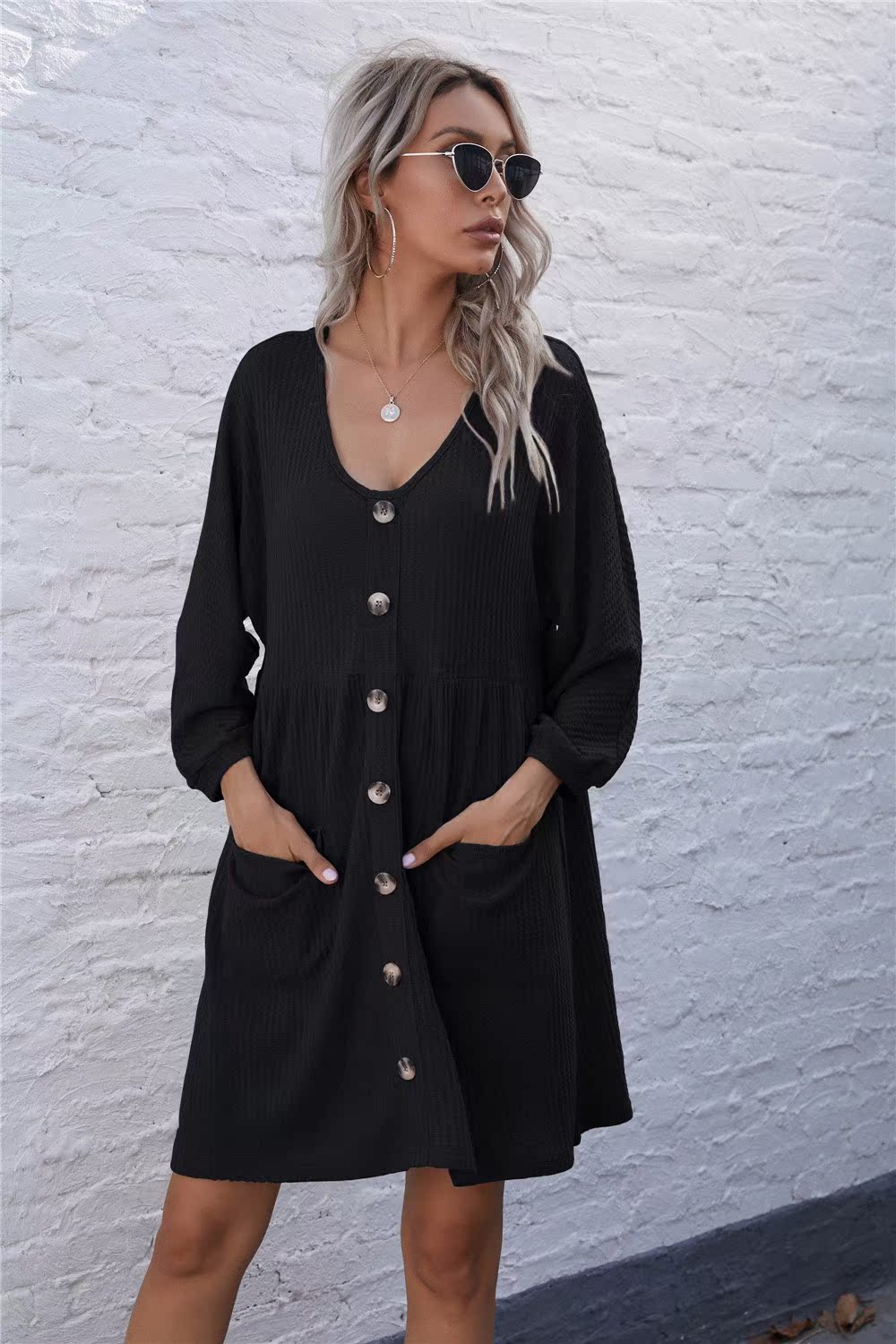 #Fashion#跨境女装2021eaby亚马逊爆款V领排扣口袋宽松大摆针织连在类目 女装/女士精品, 连衣裙中 - 来自Buy2taobao.com提供专业的淘宝代购服务