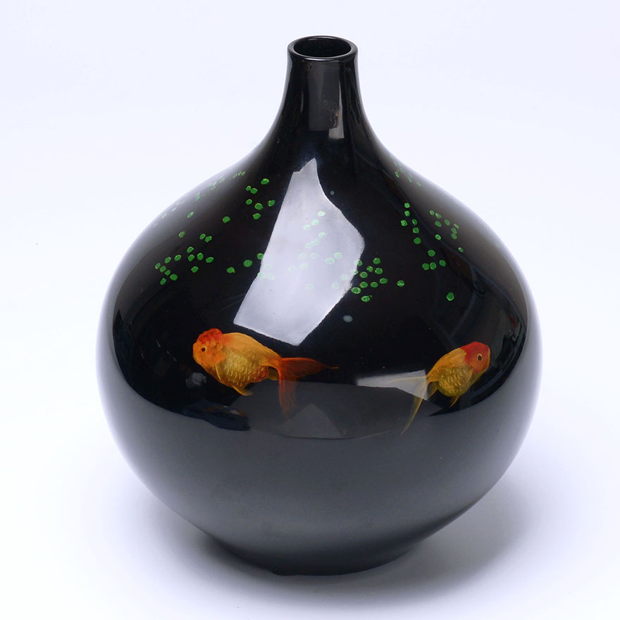 金鱼天球瓶 福州漆艺大师许德越亲作 脱胎漆器