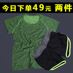夏季健身房跑步瑜伽服套装女速干运动短袖T恤大码上衣假两件短裤
