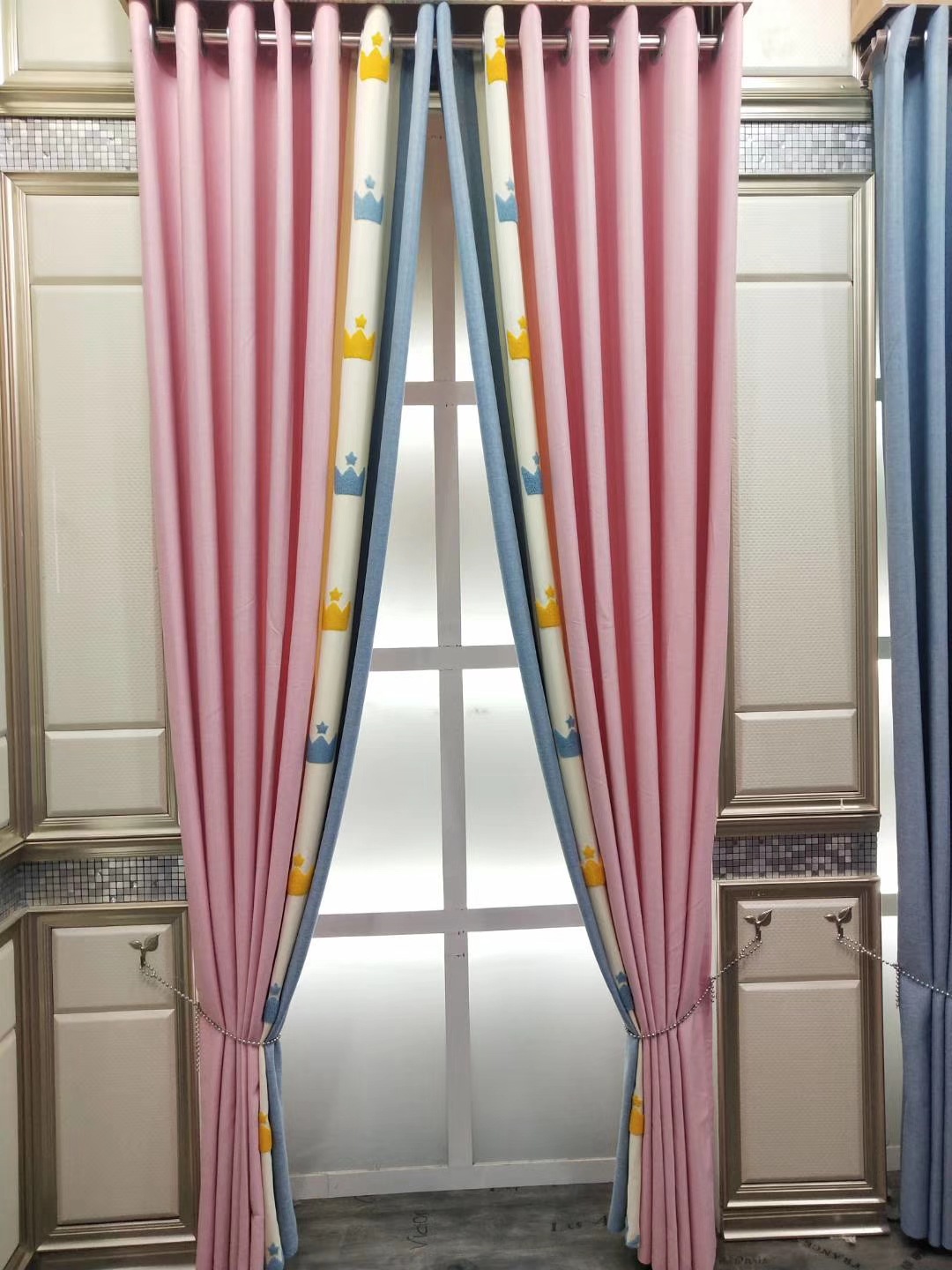 儿童房窗帘北欧简约粉色女孩卧室少女心皇冠蓝色小男生飘窗窗帘布