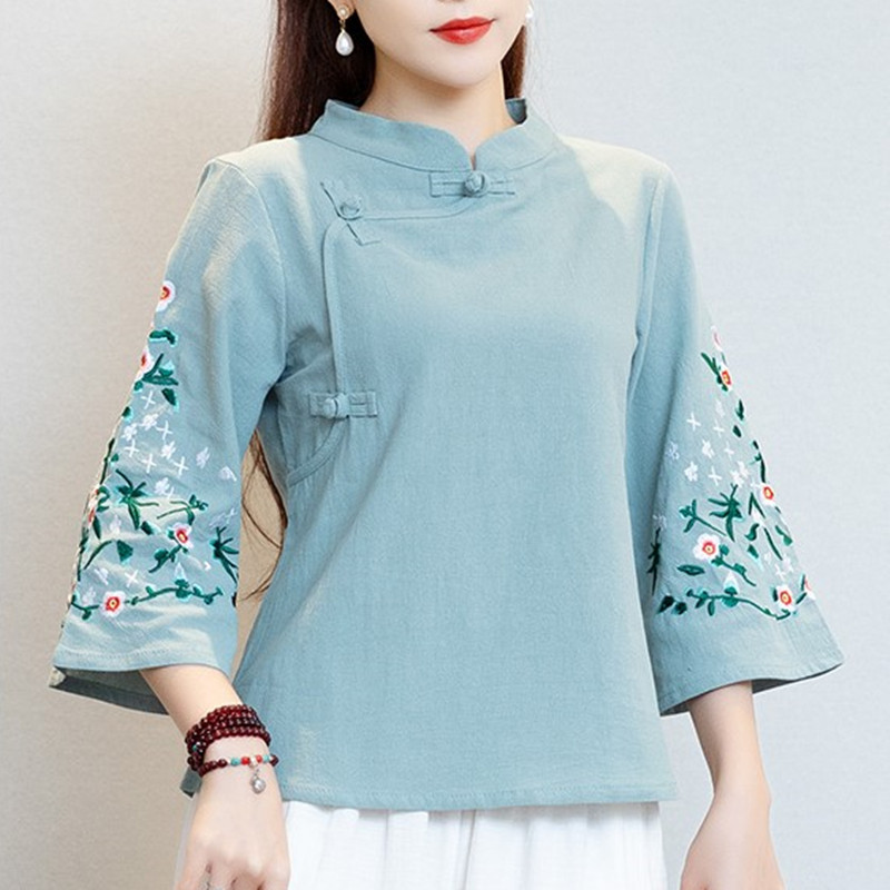 2021夏季民族风复古文艺棉麻上衣女刺绣喇叭七分袖中式领宽松t恤