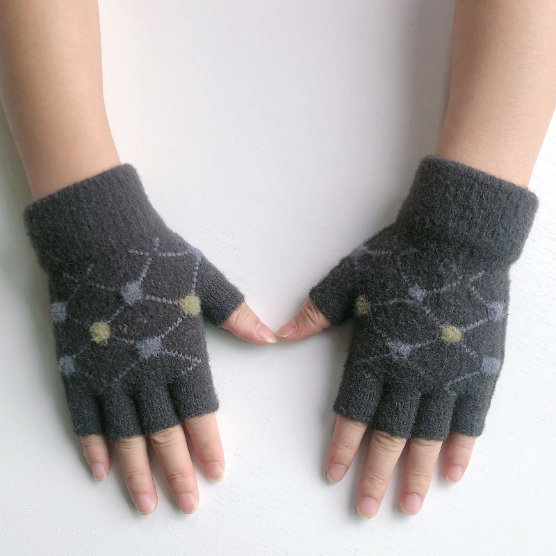 漏半指手套男孩子秋冬季加厚保暖毛线露半截青年学生写字针织手套