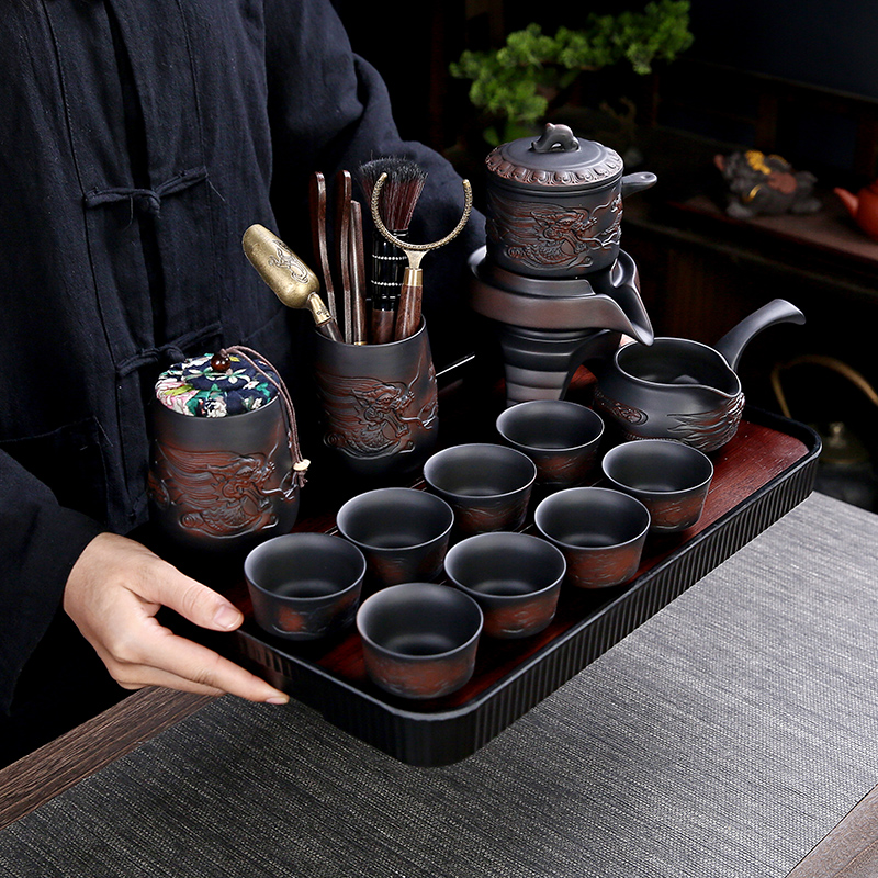 紫陶自动茶具套装家用懒人旋转石磨茶壶轻奢高档泡茶神器