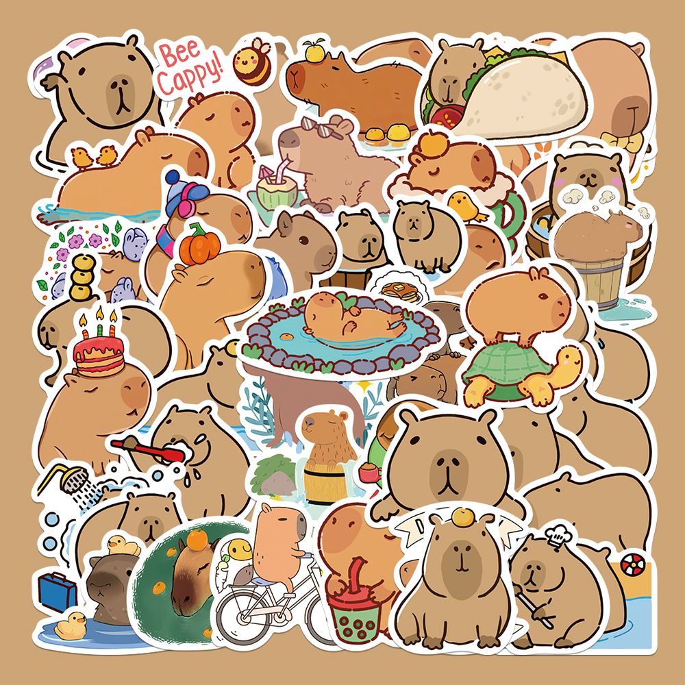 50张可爱豚鼠卡皮巴拉卡通可爱贴纸动物小清新手帐本iPad装饰贴画