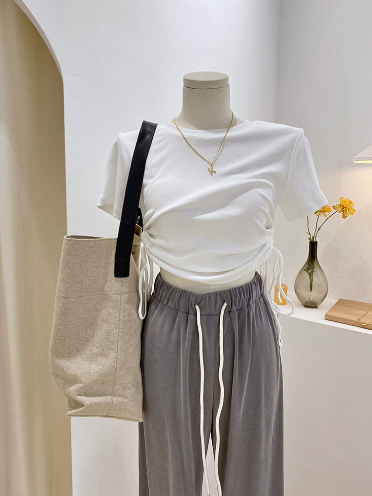 侧面抽绳t恤女短袖修身紧身设计感洋气系带短款高腰修身上衣服夏