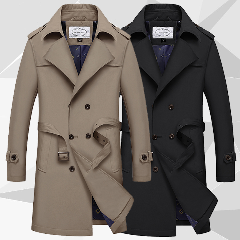 春秋季中长款风衣纯色休闲男式夹克中青年商务双排扣大衣男士外套