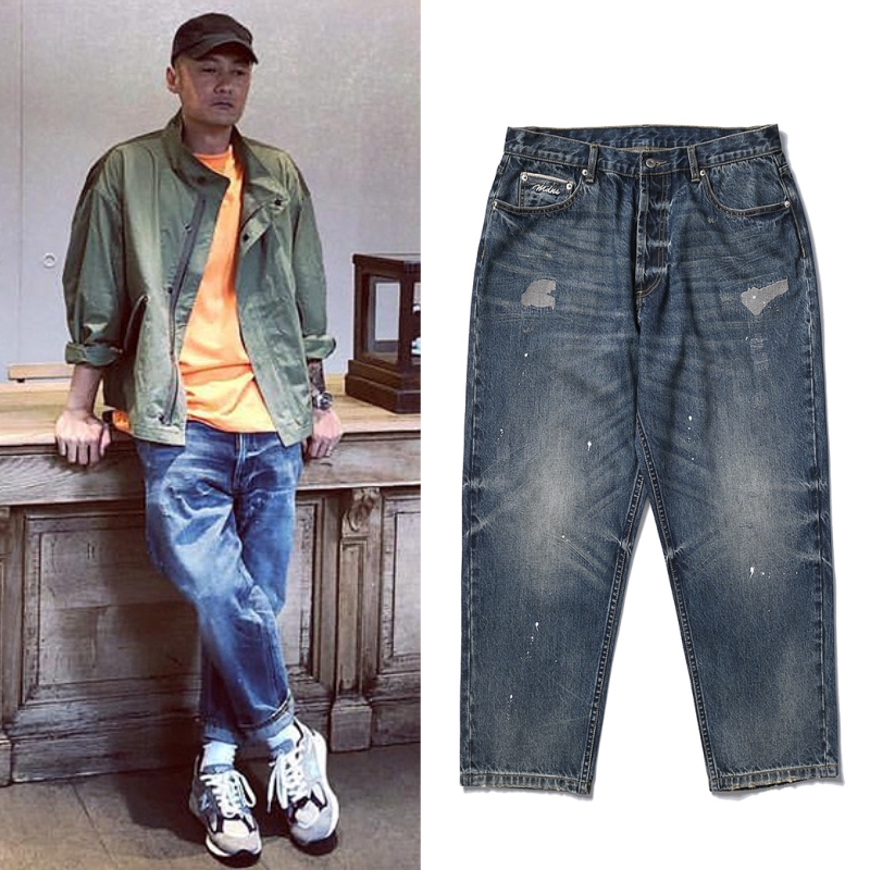 余文乐同款日系复古水洗牛仔裤男士潮牌港风阔腿直筒宽松九分裤子