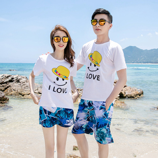 新疆棉情侣装夏装2024泰国三亚旅游蜜月度假套装男短袖t恤沙滩装