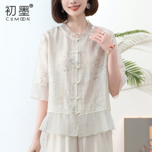 天丝衬衫女短袖2024新款夏季今年流行漂亮小衫新中式国风妈妈上衣