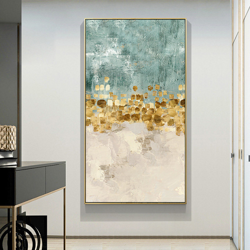 现代轻奢玄关装饰画过道金色抽象简约美式走廊墙面竖巨幅大幅壁画