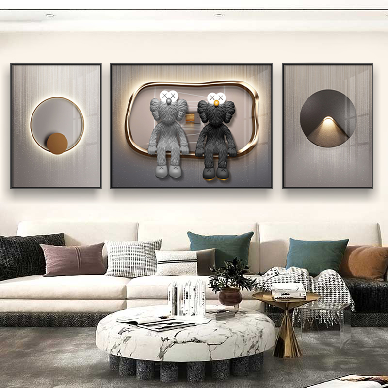 北欧简约现代抽象客厅装饰画沙发背景墙画暴力熊三联画大气卧室画