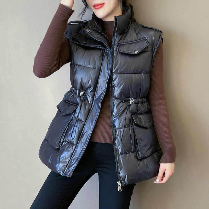 中长款收腰羽绒棉马甲女2021年秋冬新款亮面免洗马夹坎肩外穿背心