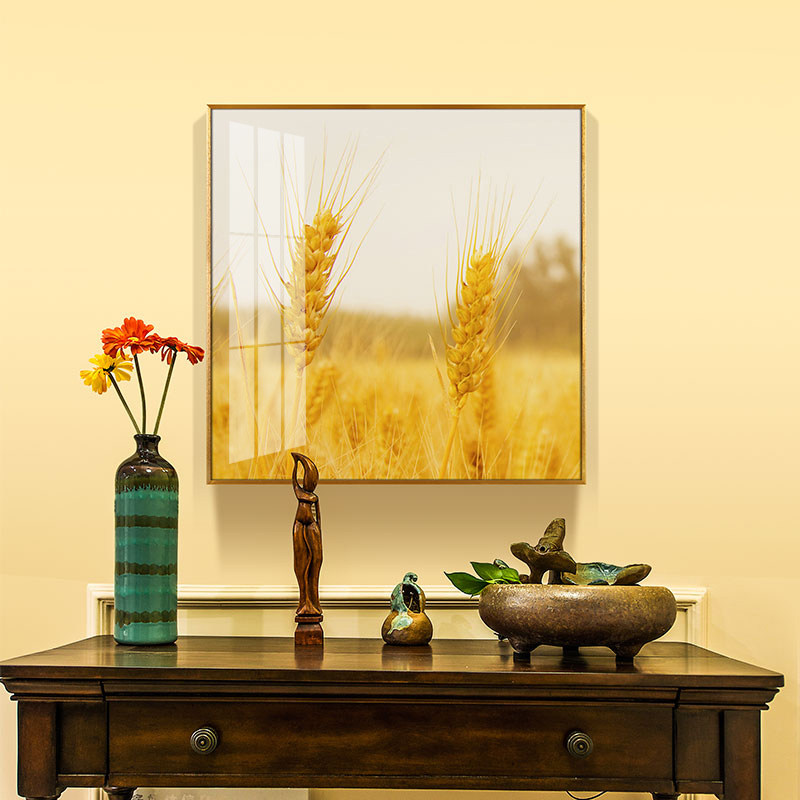 现代轻奢装饰画餐厅挂画背景墙画金色麦田壁画方形饭厅简约晶瓷画