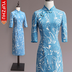 亚麻旗袍裙改良文艺日常表演出服公司年会七分袖修身中长款连衣裙