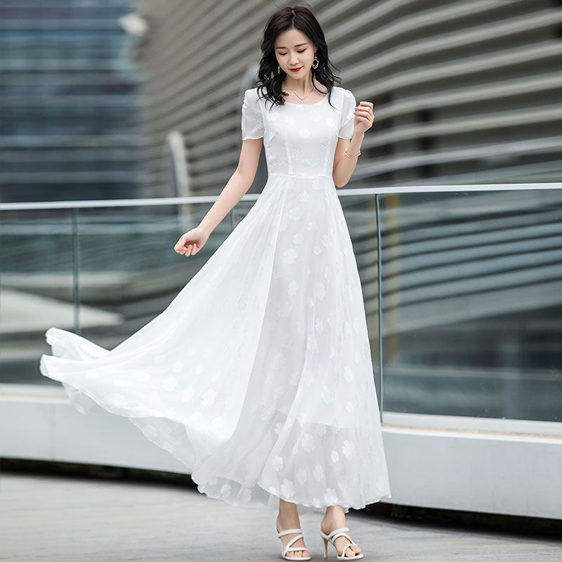 爱杜超长款白色雪纺连衣裙2022夏季新款女大摆超仙长裙及踝公主裙