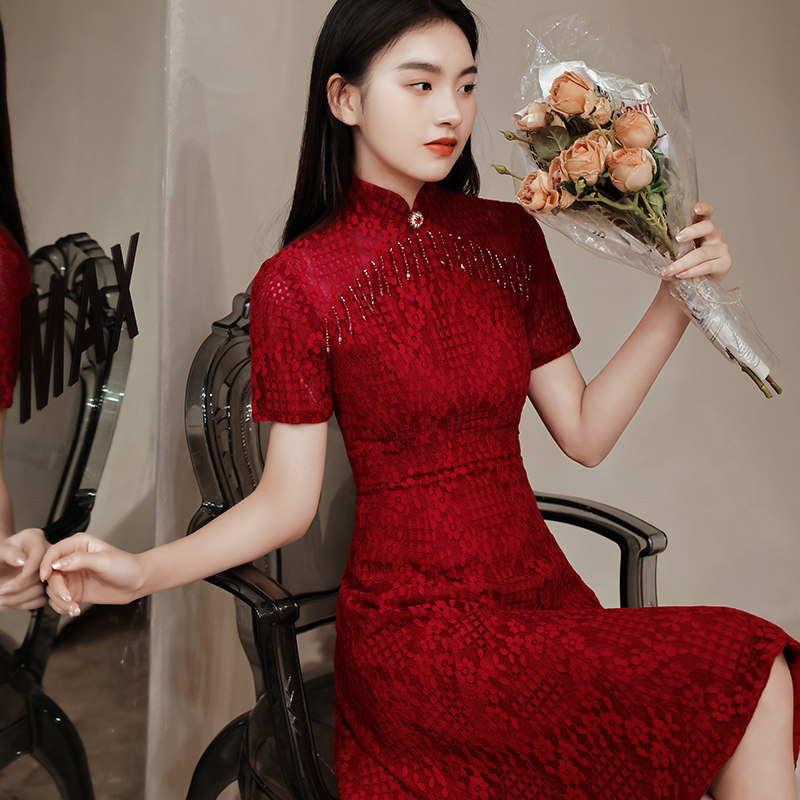 敬酒服新娘旗袍2021新款夏季薄款订婚红色蕾丝鱼尾礼服连衣裙高贵