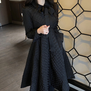黑色外套女2023冬季新款韩版中长款棉衣复古棉服收腰加厚棉袄大衣